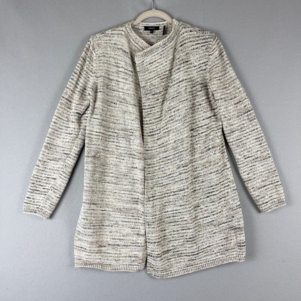 Theory Knit Long Cardigan Womens Medium Cotton Stripe Open Front Neutral Minimal